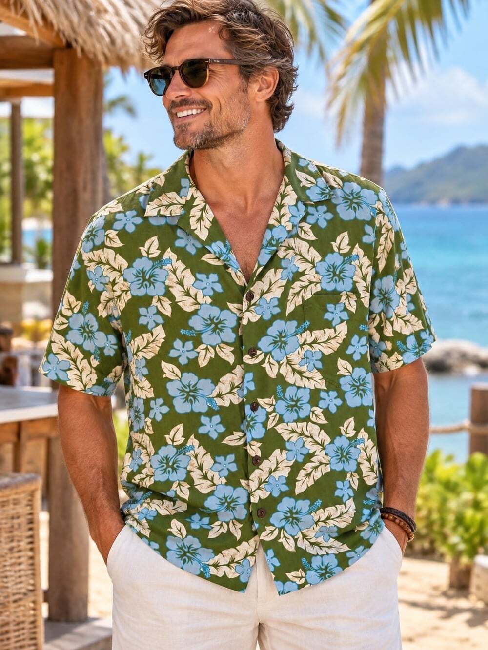 Hilo Hattie Green Blue Tropical Short Sleeve Button Up Hawaiian Shirt Mens Small